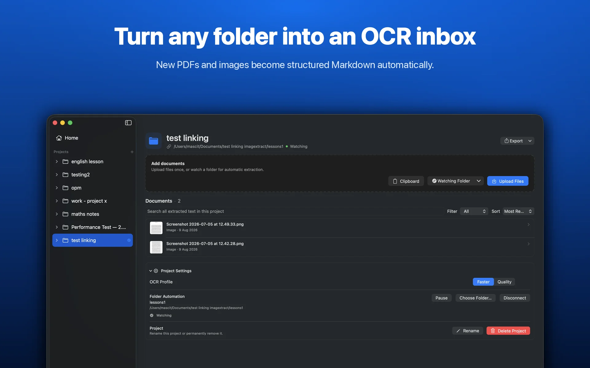 A watched Mac folder automatically turning incoming PDF and image files into Markdown with ImageXtract.